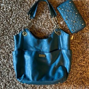 Blue leather purse with matching wallet